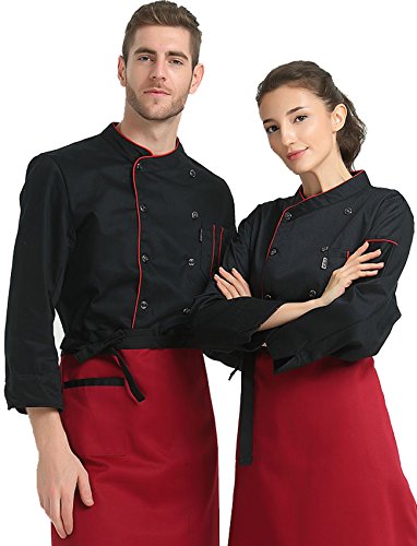 Seven Star Short Sleeve Chef's Jacket Kitchen Cook Coat Stripe Uniforms 3Colors(Black, Red, White) (Large, Black (Long Sleeve)) - Thumbnail 4