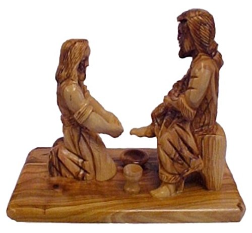 Jesus Washes Peter's Feet Collectible Figurine Statue Olive Wood Carving &amp; Bibles Christian Sculpture