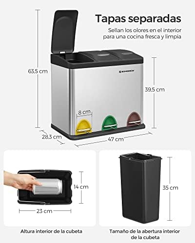 Cubo de Basura de Cocina, Basurero Clasificador 3 x 8 L, Capacidad Pequeña, con Tapas, Triple Cubo de Acero para Familias Pequeñas, Pedales y Cubos, Plata y Negro LTB24L