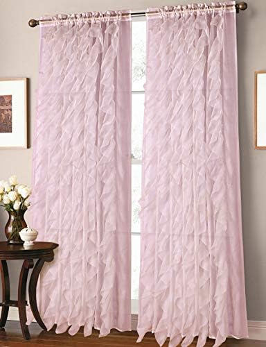 Sapphire Home Two (2) Cascade White Ruffle 84" Long Curtain Panels, Sheer Voile Ruffled Curtain Panels - Pink