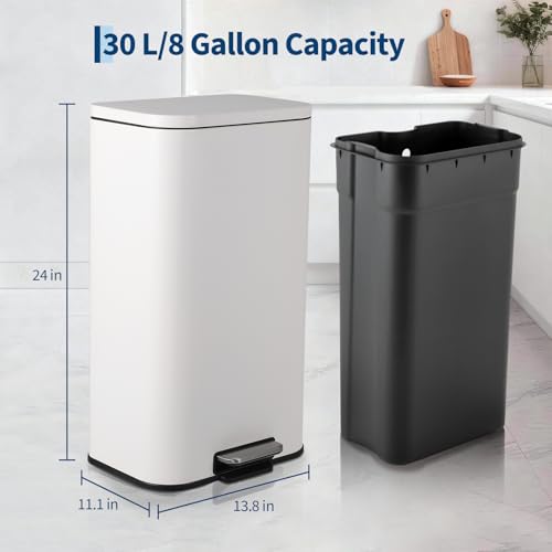 30L Stainless Steel Trash Can for Kitchen, Office, Bathroom – Rectangular, Soft-Close Lid, Foot Pedal, Removable Bucket, Fingerprint-Proof, Space-Saving,White