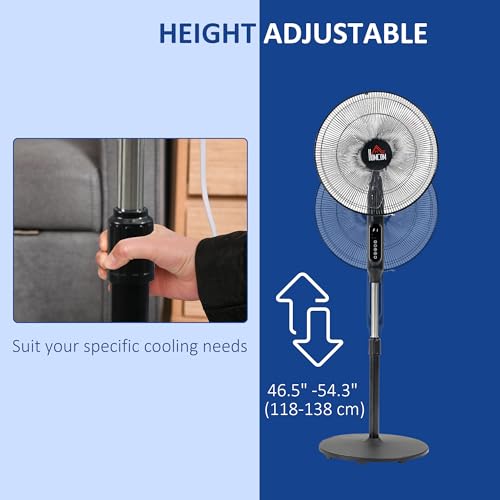 HOMCOM 16-Inch Pedestal Fan, Standing Fan with Adjustable Height, 3 Speeds, 85° Oscillation, LED Control Panel, Remote, 15H Timer for Living Room Bedroom Office, Black