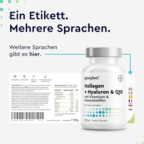 Kollagen + Coenzym Q10 + Hyaluronsäure - Premium: Marine Collagen - Mit Zink, Magnesium, Vitamin B12, D3, A & C - 60 Kapseln - Laborgeprüft, hochdosiert ohne Zusätze in Deutschland hergestellt