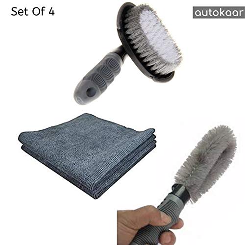Autokaar Car, Bike, Cycle Tire Cleaning Kit (1 Tyre Washing Scrubber Brush, 1 Tire Hub Rim Clean Brush & 2 Pcs Grey Microfibre Cloth 60×40 cm)