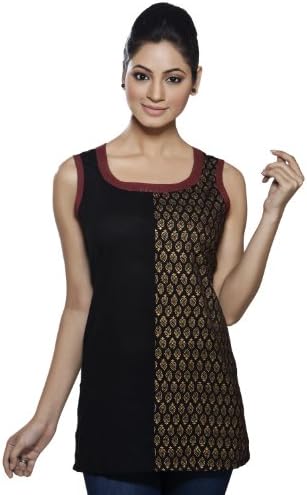 Womens Indian Ethnic Sleevless Dented Kurta Tunic Black Medium