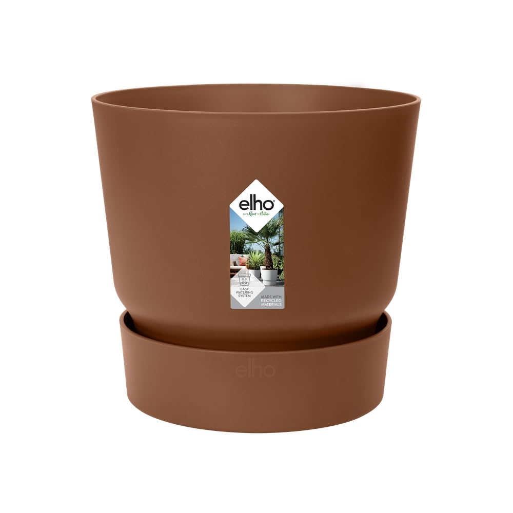 elho Greenville Round 20 - Flower Pot with Integrated Water Reservoir - Indoor & Outdoor - 100% Recycled Plastic - Ø 19.5 x H 18.4 cm - Brown/Ginger Brown