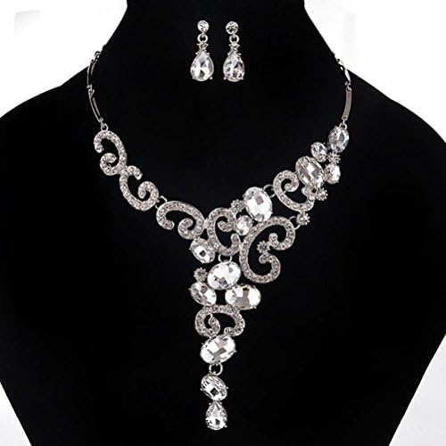 Deamyth Cristal Collar Necklace Pendant + Earrings Jewelry Set (Silver)