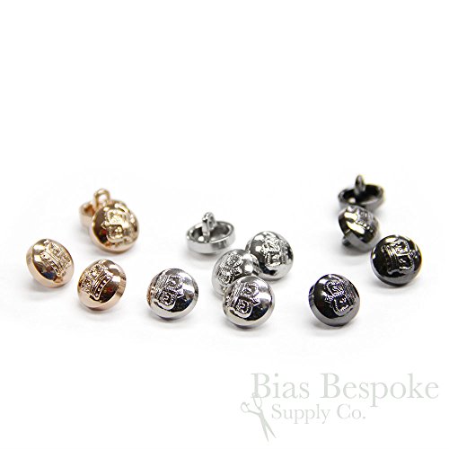Set of 12 Tiny Metal Crown Buttons, Silver Color, Made in China