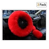 Younglingn Car Steering Wheel Cover Gear Shift Handbrake Fuzzy Cover 1 Set 3 Pcs Multi-colored with Winter Warm Pure Wool Fashion for Girl Women Ladies Universal Fit Most Car (Red)