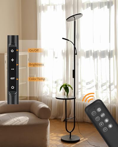Stehlampe mit Tisch, 36W+7W LED Stehlampe dimmbar 3200LM+600LM Moderne Stehleuchte Wohnzimmer & Deckenfluter mit Fernbedienung, 2700K-6500K Schwarz