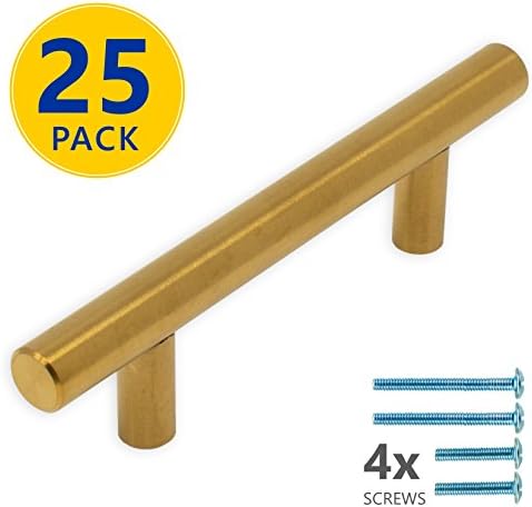 25 Pack | 5" Gold T Bar Cabinet Pulls: 3" Hole Center | Modern Euro Style Brushed Brass Finish Kitchen Cabinet Hardware/Drawer Handles