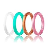 Beilove Women's Thin and Stackable Silicone Wedding Rings,4 Ring Pack(Width: 2.5mm,Thickness: 2mm) (White,Turquoise,Copper,Rose Gold, 6)