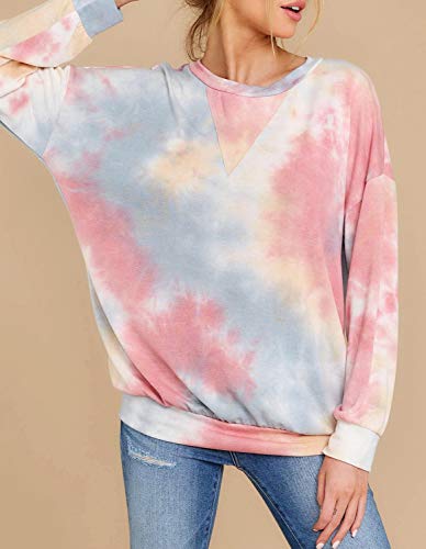 Huiyuzhi Womens Crew Neck Tie Dye Top Batwing Dolman Sleeve Rainbow Colorful Pullover Sweatshirt