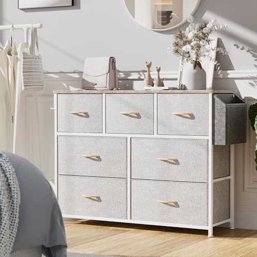 PURFINO Fabric Chest of Drawers - Fabric Chest of Drawers with 7 Large Drawers, Labels, Side Pocket and Hook for Living Room, Hallway, Bedroom (Light Grey)