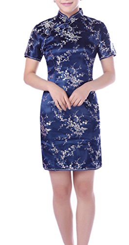 YICHUN Women's Qipao Cheongsam Chinese Short Dress Bodycon Party Dress Navy