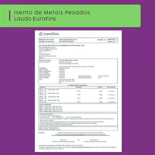 Creatina Pura 500g Monohidratada Micronizada à 180 mícrons. 101% de Pureza em Laudo. Livre de Metais Pesados