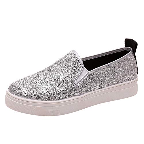 Seaintheson Women's Sneaker, Womens Spring Casual Flat Shoes Slip-On Sequins Loafer Shoes Fashion Platform White Sole Pump Shoes
