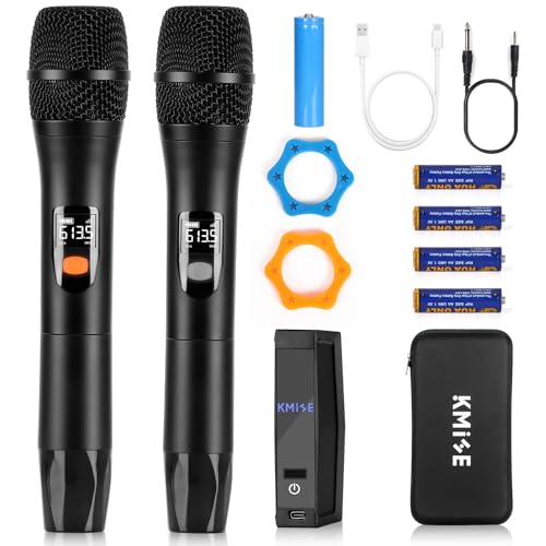 Kmise Wireless Microphones, Dual Cordless Mics 2x30 UHF Adjustable Frequencies with 2 Metal Microphones,Rechargeable Receiver,Auto Paired,1/4 "Output for Karaoke,Party,DJ,Wedding,Church