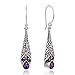 925 Sterling Silver Bali Detailed Filigree Genuine Purple Amethyst Stone Dangle Earrings