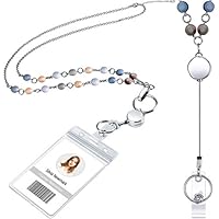 Retractable Badge Reel Lanyard with ID Holder for Women, Fashion Beaded Lanyard Stainless Steel Chain Necklace with Clear Waterproof Badge Card Holder