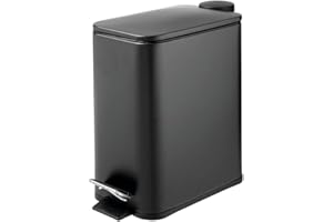 mDesign Slim Metal Rectangle 1.3 Gallon/5 Liter Trash Can with Step Pedal, Easy-Close Lid, Removable Liner - Narrow Wastebasket Garbage Container Bin for Bathroom, Bedroom, Kitchen - Black