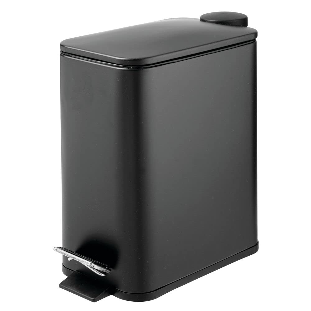 mDesign Rectangular Pedal Bin β 5 L Stainless Steel Bin with Pedal, Lid and Plastic Bucket Insert β Household Rubbish Bin for Bathroom, Kitchen and Office β Black