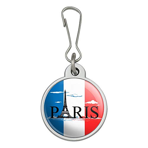 Paris France Eiffel Tower and Flag with Clouds Jacket Handbag Purse Luggage Backpack Zipper Pull Charm