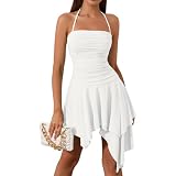sachin and babi light blue dress Hellymoon Women Flowy White Chiffon Maxi Rehearsal Dinner Dress Halter Top  Backless Pleated A-Line Engagement Dress main image 0