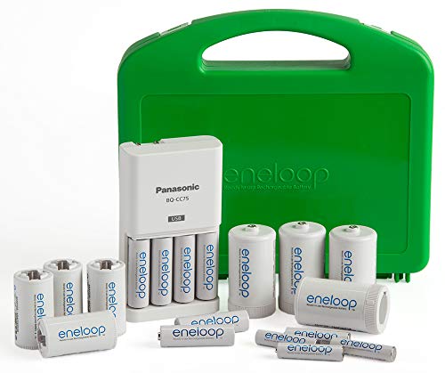 eneloop Panasonic K-KJ75MC64ZA Power Pack 6AA, 4AAA, 4 C Adapters, 4 D Adapters, “Advanced” Individual Battery Charger with USB Port and Plastic Storage Case