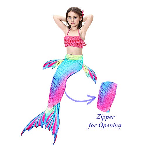 Danvren 3Pcs Mermaid Tails for Girls Swimming Swimsuit Party Supplies Costume Swimwear Bikini for 3-12Y (Colored Pudding Design, Child XL Height 51-54in (8-10Y))