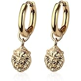 316L Stainless Steel Lion Head Dangling Huggie Hoop Earrings, Sold as a Pair