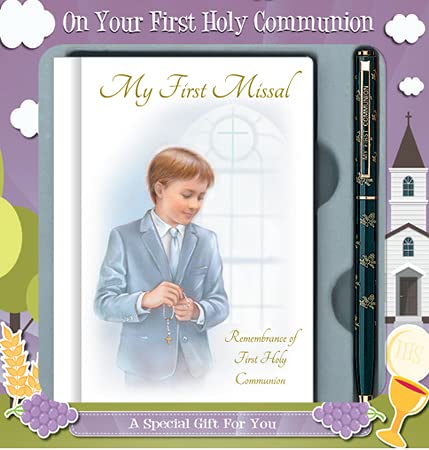 Boy First Holy Communion Hardback Missal, Pen and Prayer Card/Book Mark for Commitment to Catholic Faith