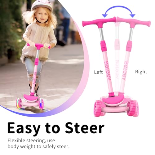 BELEEV A8 Children’s Scooter, 3 to 12 Years Old, Kids’ Folding Scooter with 3 Wheels and LED Lights, 4 Adjustable Heights, Non-Slip Bridge, Scooter for Children and Girls, Childhood Gift