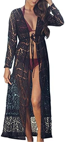 Vemubapis Women's Long Sleeve Bikini Cover Up Lace Cardigan Strappy Beachwear