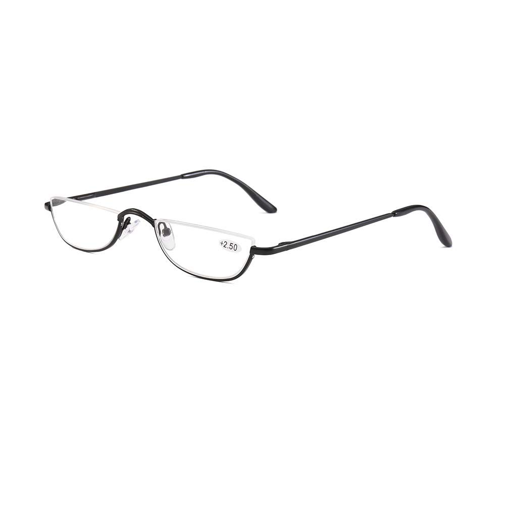 KoKoBin Half Frame Reading Glasses Spring Hinges for Men Women Slim Half Moon Lens Readers Metal Semi Rimless Eyewear(Black，+2.5)