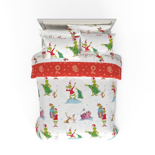 Franco Comforter and Sheet Set with Sham, Microfiber, Grinch-White + Red, 7 Piece Queen Size