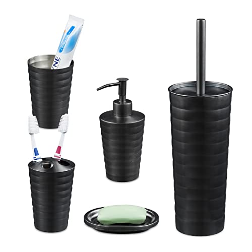Relaxdays Accessoires de Salle de Bain, 5 pièces, en INOX brossé et Plastique, Design Moderne et harmonieux, Anthracite