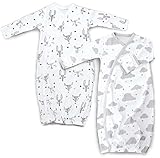 Cambria Baby 100% Organic Cotton Kimono Gowns with Easy Change Side Snaps and Built in Mitts. White and Grey Clouds and Animals Patterns for Boys and Girls. 2 Pack (Size 3-6)