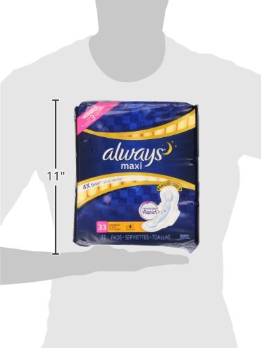Always Maxi Size 4 Overnight Pads with Wings, Unscented, 33 Count