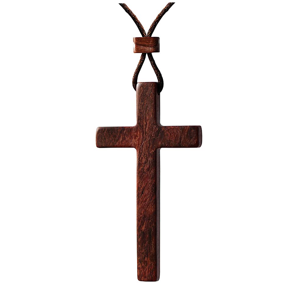 Natural Sandalwood Large Cross Pendant Necklace for Men Women Wooden Casual Sweater Chain Christian Baptism Christmas Easter Prayer Faith Confirmation Birthday Gift Car Rearview Mirror Hanging (Red)