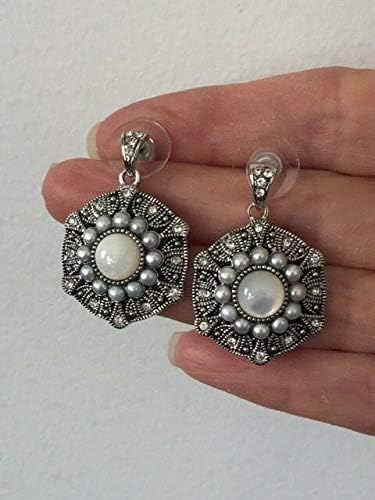 Gorgeous Imitation Pearl, MOP & Crystal Antiqued Brass Rhodium Pla Earring SD-480