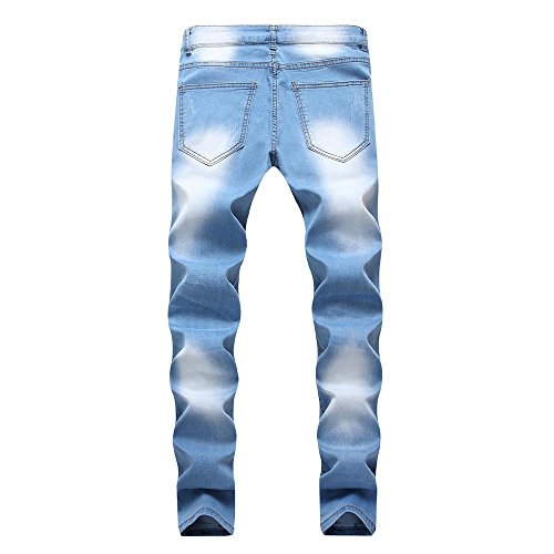 TIMEMEANS Men Slim Biker Zipper Denim Jeans Skinny Frayed Pants Distressed Rip Trousers
