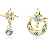 Moon Star Earrings Studs, 925 Sterling Silver Zirconia Earrings Dainty Moon Studs Earrings Star Drop For Women asymmetric Retro