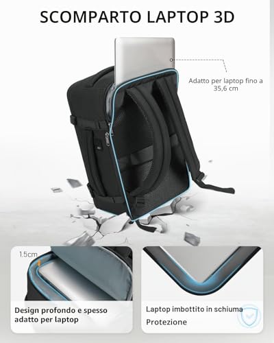ECOHUB Ryanair 20L Backpack, 40 x 20 x 25 cm, Airplane Travel Backpack with 3D Laptop Compartment, Water Resistant Hand Luggage 40 x 20 x 25 cm, Ryanair, Recycled Travel Backpack for Women, Men, Black