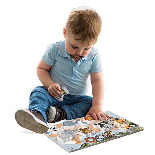 Gleeporte Wooden Chunky Puzzle Zoo Animal Pieces Learning Educational Puzzle Board with Free Standing Pieces for Toddlers & Kids (8 pcs)