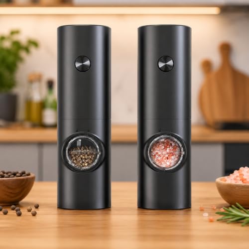 Kit 2 Moedor de Pimenta Elétrico Automático – Ajuste de Moagem, Luz LED, Recipiente Transparente para Sal, Pimenta e Temperos | Ideal para Cozinha e Churrasco Pilha Premium