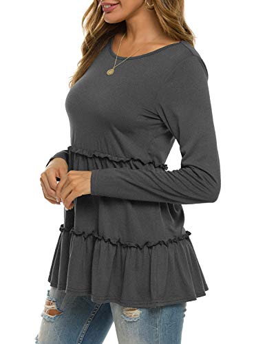 Womens Ruffle Tunic Loose Long Sleeve T-Shirt Lightweight Fall Clothes Dark Grey S