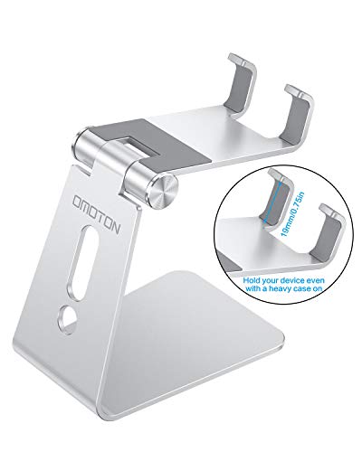 soporte ajustable para teléfono celular, base de soporte para teléfono de escritorio de aluminio omoton c2 compatible con iphone 11 pro max xs xr 8 plus 7 6, samsung galaxy, google pixel, teléfonos android, plateado