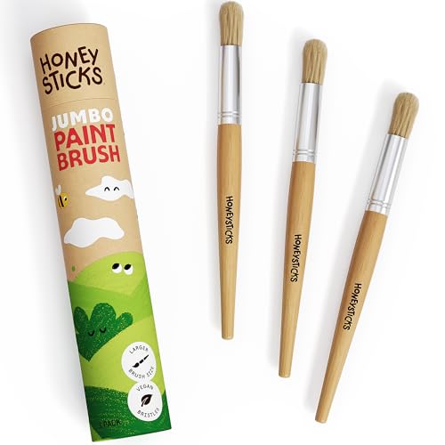 Honeysticks Jumbo Paint Brush Set - 3 Pack. Jumbo Paint Brushes for Kids with a Large Wood Handle for Easy Grip. Perfect for Toddler and Preschool Painting. Handy Storage Container. Vegan.