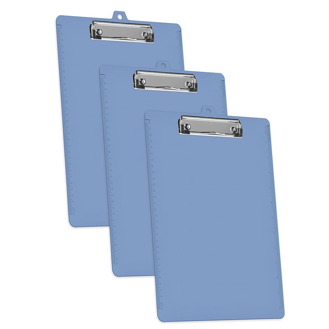 Acrimet 3 Pack Clipboard Letter Size A4 (34 cm x 24 cm) Low Profile Clip & Side Rulers, Durable Plastic for Office, School, Home Use - Solid Blue Color